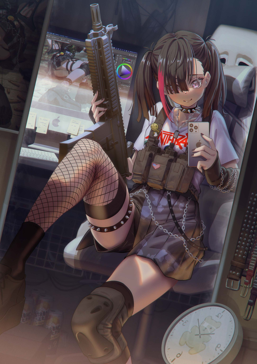 1girl absurdres anthrax_(band) assault_rifle belt black_footwear black_hair black_legwear chain chair clock commentary_request fishnet_legwear fishnets gaming_chair gun h&amp;k_hk416 highres hironii_(hirofactory) indoors knee_pads multicolored_hair original rifle shirt single_knee_pad sitting skirt socks solo spiked_thighlet streaked_hair strong_zero studded_belt t-shirt twintails weapon weapon_request