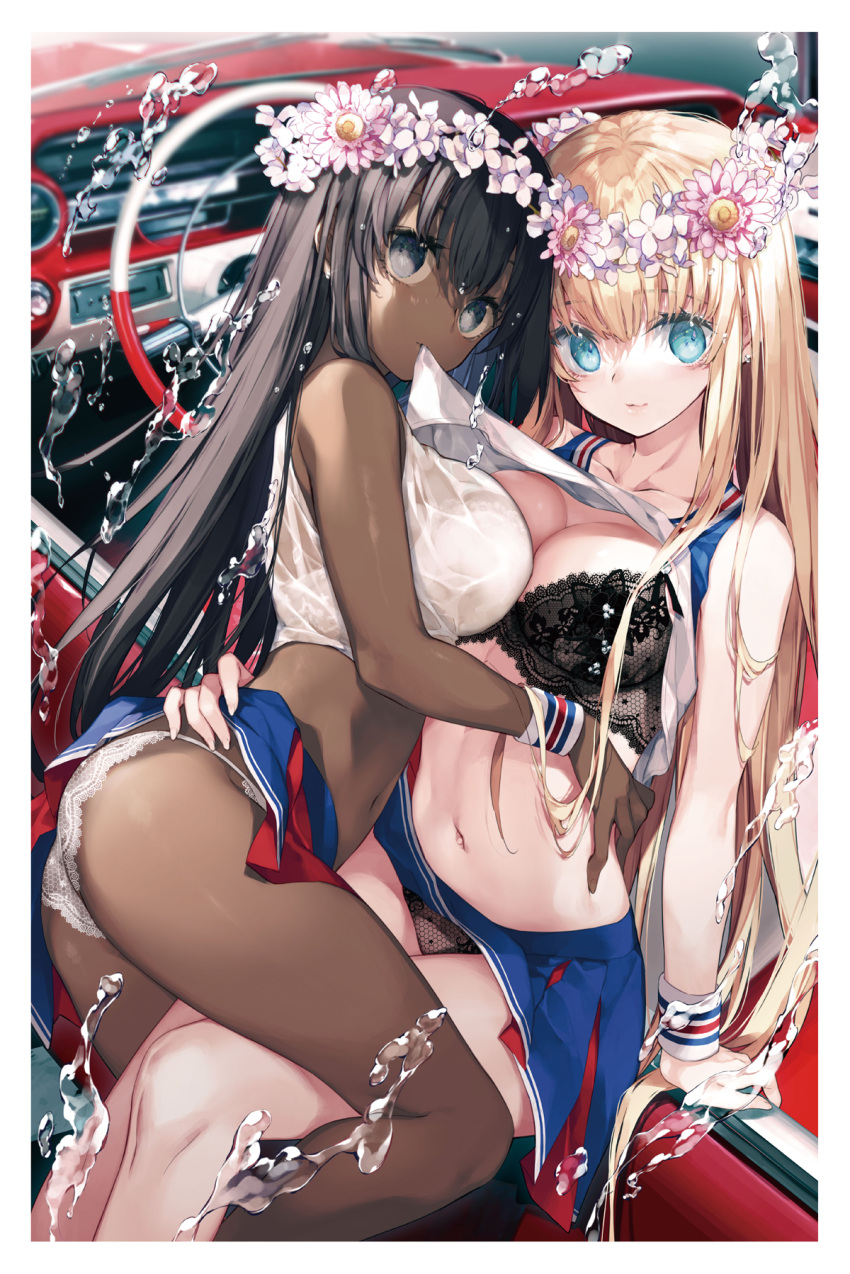 2girls ass bangs bare_arms bare_legs bare_shoulders black_bra black_eyes black_hair blonde_hair blue_eyes blue_shirt blue_skirt blush bra breasts car cleavage closed_mouth clothes_lift collarbone cropped_shirt dark-skinned_female dark_skin earrings eyebrows_visible_through_hair eyelashes flower ground_vehicle hair_between_eyes hair_flower hair_ornament head_wreath highres hug jewelry lace lace_bra lace_panties large_breasts long_hair looking_at_viewer miniskirt motor_vehicle mouth_hold multiple_girls navel non-web_source original panties pleated_skirt satsuki_misuzu see-through shirt shirt_in_mouth shirt_lift sidelocks skirt sleeveless sleeveless_shirt smile steering_wheel stomach stud_earrings thighs underwear very_long_hair water water_drop wet wet_clothes wet_shirt white_bra white_panties white_shirt wristband