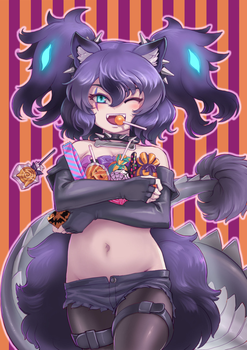 1girl animal_ears aqua_eyes bangs bare_shoulders big_hair black_hair bone_necklace breasts buttons candy cerberus_(kemono_friends) cleavage collar collarbone cutoffs dog_ears elbow_gloves fangs fingerless_gloves food gloves glowing glowing_hair groin hair_between_eyes highres holding jewelry kemono_friends kosai_takayuki legwear_under_shorts lizard_tail lollipop looking_at_viewer lowleg lowleg_shorts md5_mismatch midriff mouth_hold multicolored_hair navel one_eye_closed open_clothes open_mouth open_shorts pendant purple_hair scar scar_across_eye scar_on_face short_shorts shorts smile solo spiked_collar spikes stomach strapless striped striped_background tail thigh_strap tube_top two-tone_hair two_side_up unbuttoned