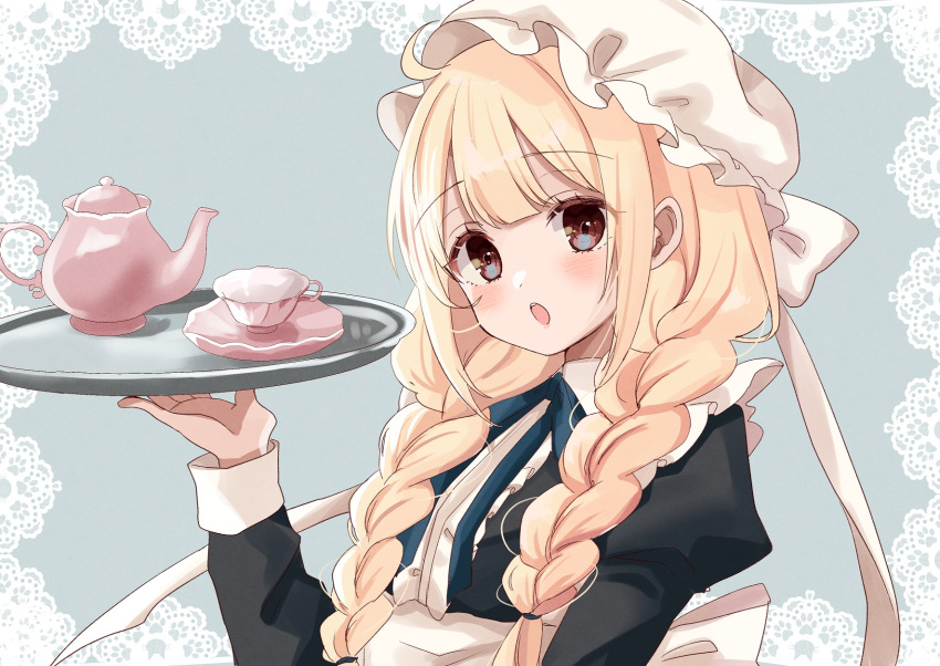 1girl alternate_costume apron bangs black_dress blonde_hair blue_bow bow braid brown_eyes center_frills commentary_request cup dress enmaided eyebrows_visible_through_hair frills futaba_anzu grey_background hat highres holding holding_tray idolmaster idolmaster_cinderella_girls idolmaster_cinderella_girls_starlight_stage juliet_sleeves lace_border long_hair long_sleeves low_twintails maid mob_cap puffy_sleeves rino_cnc saucer solo teacup teapot tray twin_braids twintails upper_body white_apron white_headwear