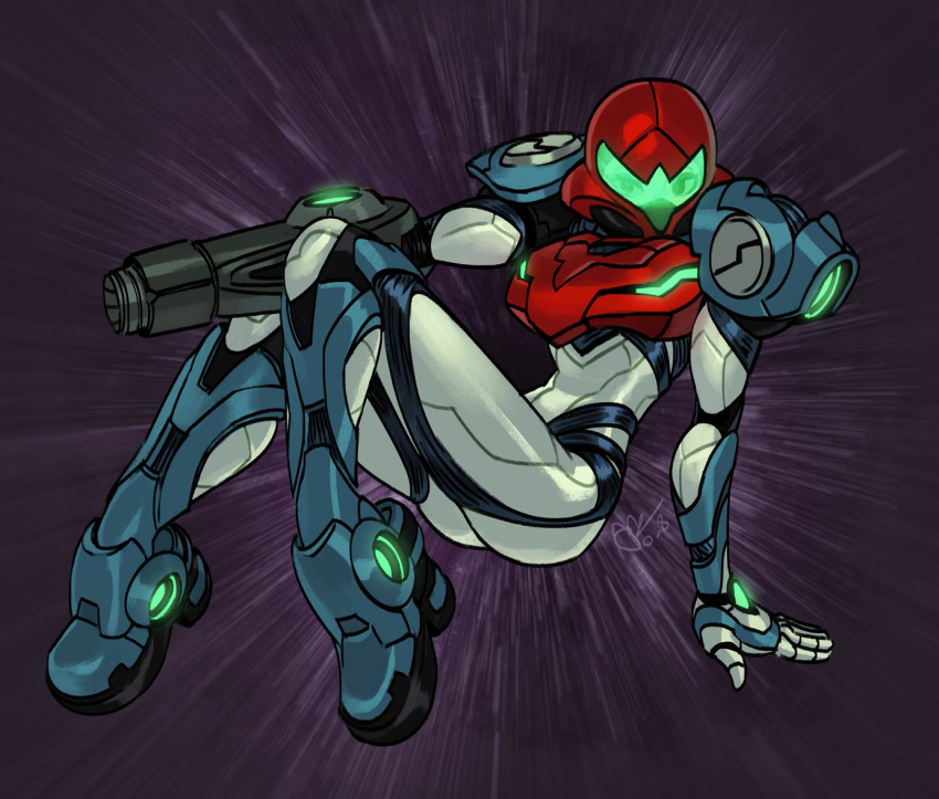 1girl alex_ahad arm_cannon armor ass breasts glowing helmet looking_at_viewer metroid metroid_dread power_armor power_suit samus_aran science_fiction simple_background solo visor weapon