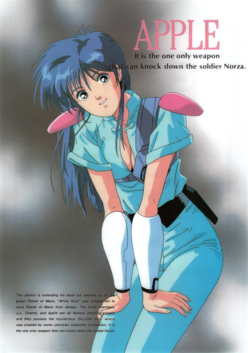 1980s_(style) 1girl absurdres akai_koudan_zillion apple_(zillion) bangs blue_eyes blue_hair bracer breasts character_name cleavage cowboy_shot english_text feet_out_of_frame grin hands_on_thighs highres long_hair looking_at_viewer official_art retro_artstyle scan short_sleeves smile solo