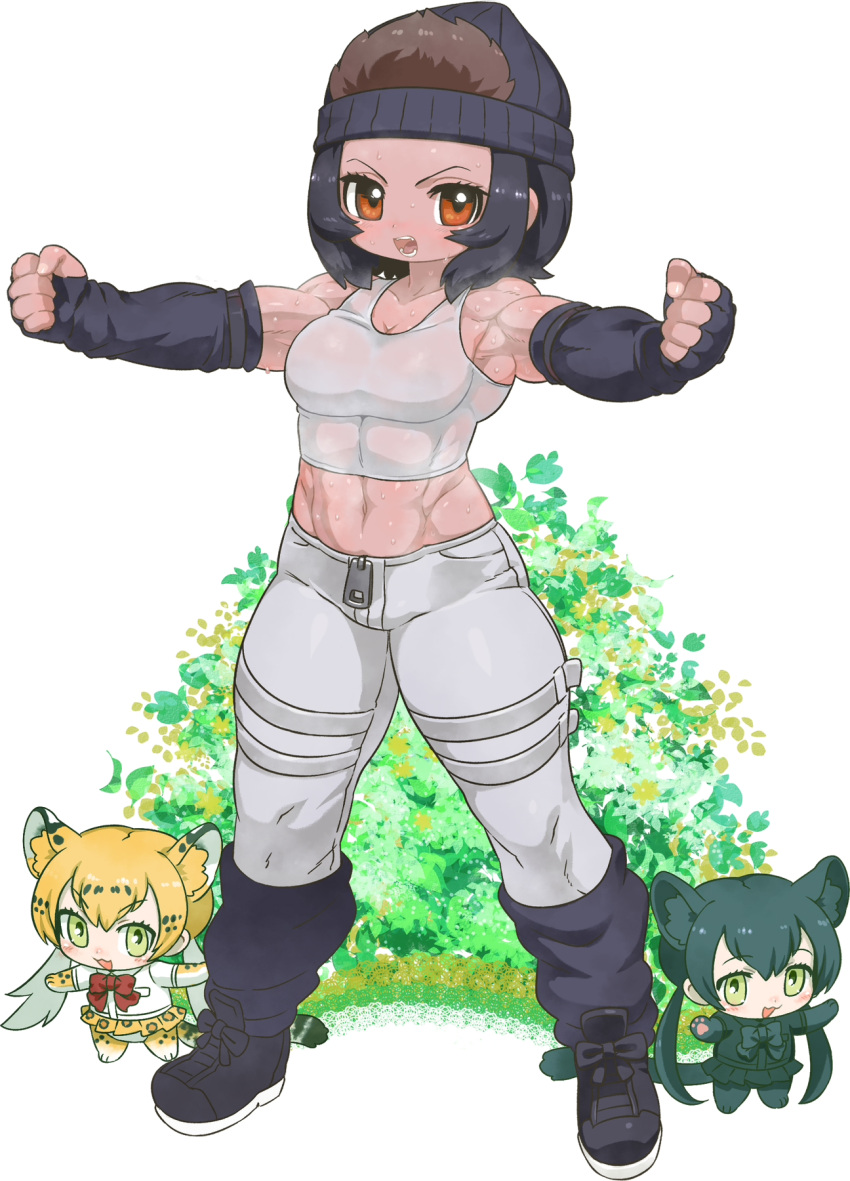 3girls abs alternate_height animal_ears animal_print armpits arms_up bare_shoulders beanie black_hair black_leopard_(kemono_friends) blonde_hair breasts brown_eyes brown_hair camisole cat_girl chibi cleavage elbow_gloves eyebrows_visible_through_hair fingerless_gloves fingernails full_body gloves gorilla_(kemono_friends) green_eyes hair_between_eyes hair_through_headwear hat highres kemono_friends kuro_(kurojill) legs_apart leopard_(kemono_friends) leopard_ears leopard_girl leopard_print leopard_tail looking_at_viewer medium_hair midriff minigirl multicolored_hair multiple_girls muscular muscular_female navel open_mouth outstretched_arms pants see-through shirt shoes sidelocks size_difference skirt solo_focus spread_arms standing stomach sweat tail tan twintails two-tone_hair wet wet_clothes zipper_pull_tab