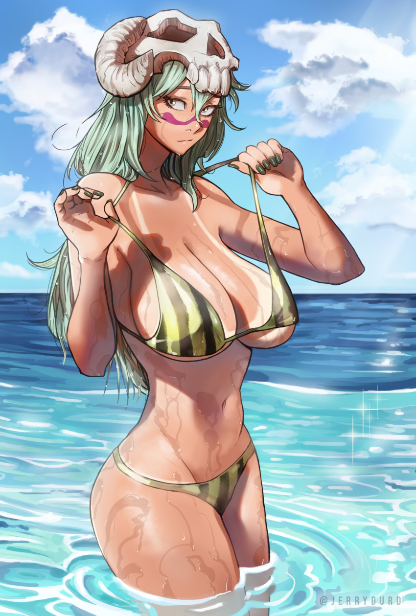 1girl absurdres bikini bikini_tan bleach blue_sky breasts cleavage closed_mouth cloud cloudy_sky commentary commission cowboy_shot curvy day english_commentary expressionless eyelashes facepaint facial_mark food_print green_bikini green_hair green_nails grey_eyes groin hair_between_eyes highres joy_boy large_breasts long_hair looking_at_viewer nail_polish navel nelliel_tu_odelschwanck ocean outdoors print_bikini ripples skull_on_head sky solo stomach strap_pull striped striped_bikini sunlight swimsuit tan tanlines twitter_username wading watermelon_print wet wet_hair