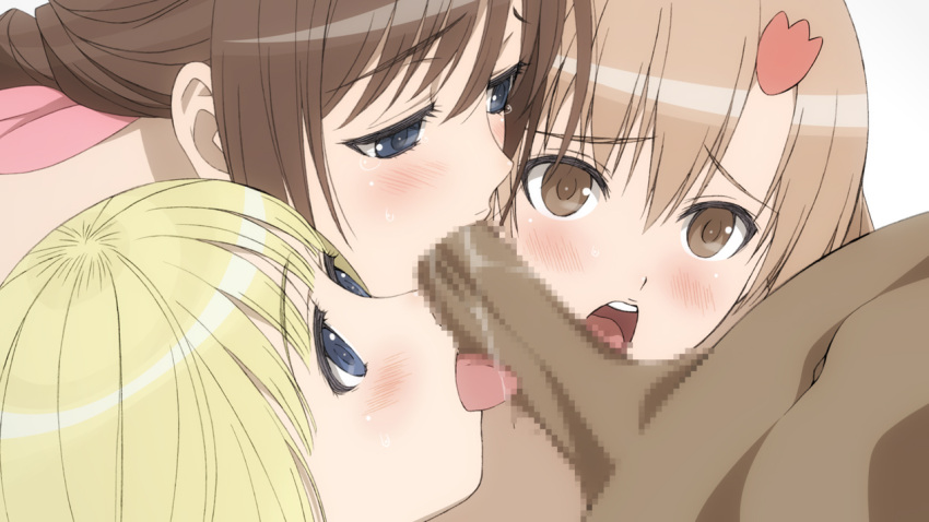 1boy 3girls blonde_hair blue_eyes brown_eyes brown_hair censored dark-skinned_male dark_skin erection fellatio from_above hair_ornament hetero interracial licking licking_penis looking_at_penis looking_up mokke_(mokke99) mosaic_censoring multiple_fellatio multiple_girls open_mouth oral penis saliva shining_(series) shining_hearts tongue tongue_out