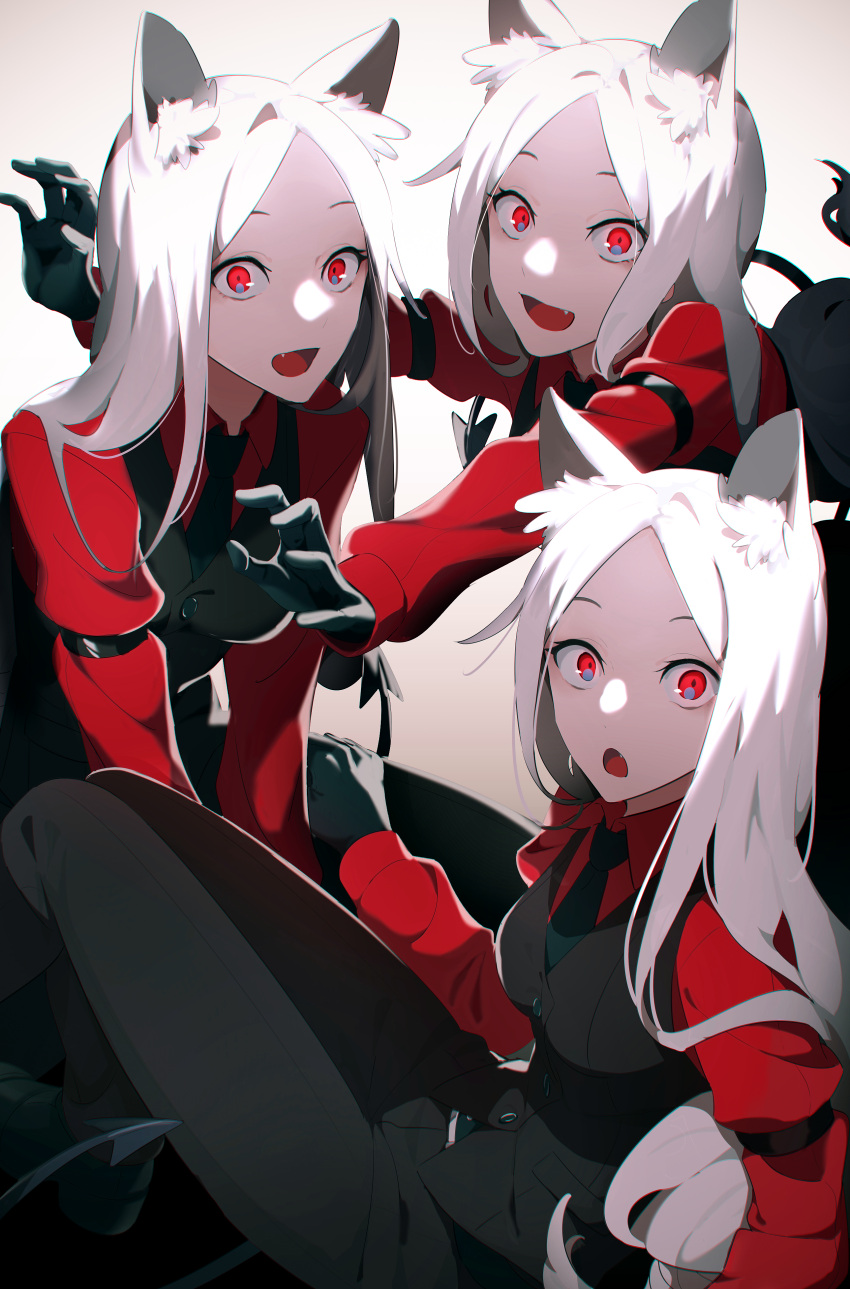 3girls :d :o absurdres animal_ear_fluff animal_ears arm_garter arm_strap black_gloves black_necktie black_pants black_vest breasts cerberus_(helltaker) collared_shirt commentary demon_tail dog_ears fang gloves helltaker highres knees_up long_hair long_sleeves looking_at_viewer medium_breasts multiple_girls necktie open_mouth outstretched_arms pants pouncing red_eyes red_shirt revision shirt sitting smile tail triplets vest waistcoat wakahiko white_background white_hair wide-eyed