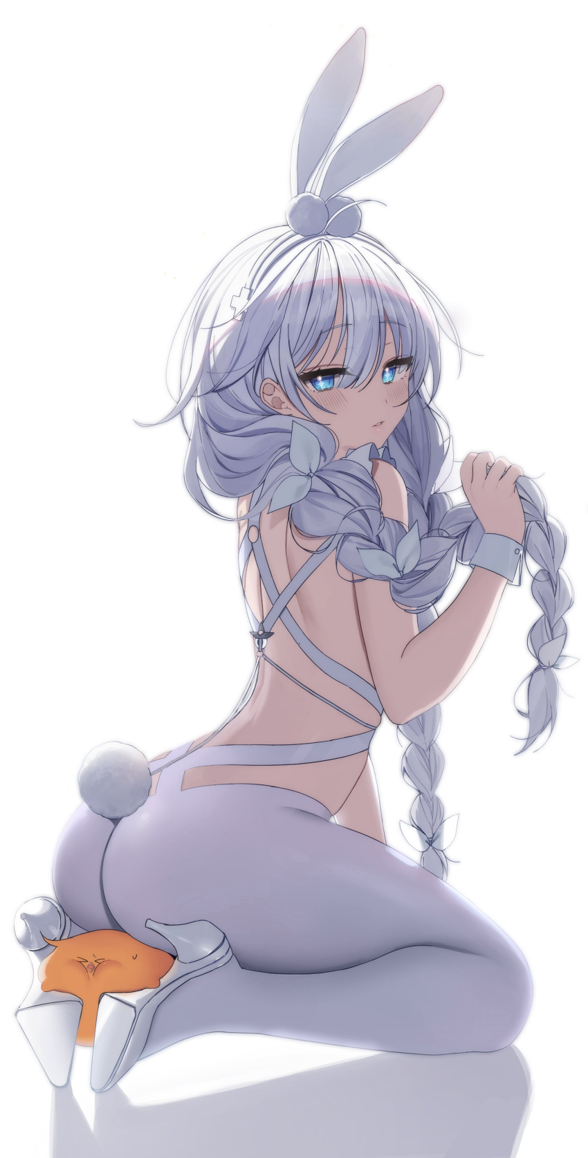 1girl absurdres ahoge animal_ear_fluff animal_ears ass azur_lane bangs bare_shoulders bow braid fake_animal_ears from_side full_body hair_between_eyes hair_bow hair_strand hand_up high_heels highres holding holding_hair kneeling le_malin_(azur_lane) le_malin_(listless_lapin)_(azur_lane) long_hair looking_at_viewer looking_to_the_side messy_hair myao_(o3o333) official_alternate_costume pantyhose parted_lips playboy_bunny rabbit_ears rabbit_tail sandals sleeveless solo symbol-only_commentary tail twin_braids twintails white_background white_legwear