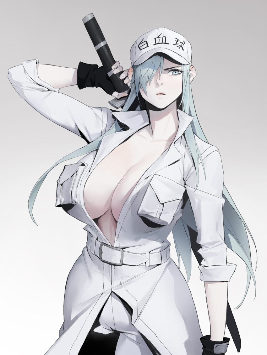 1girl bangs baseball_cap black_gloves breasts collarbone commentary_request dongho_kang fingerless_gloves gloves gradient gradient_background grey_background grey_hair hair_over_one_eye hat hataraku_saibou hataraku_saibou_black highres holding holding_sword holding_weapon jacket large_breasts long_hair looking_at_viewer no_bra pants silver_hair simple_background solo sword u-1196 weapon white_blood_cell_(hataraku_saibou) white_jacket white_pants