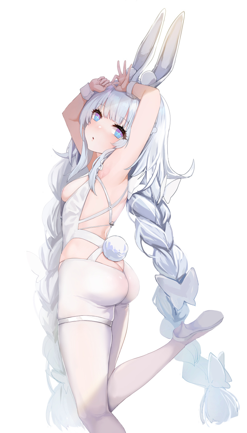 1girl absurdres animal_ear_fluff animal_ears armpits arms_up ass azur_lane blue_eyes braid breasts butt_crack chinese_commentary commentary_request fake_animal_ears from_behind high_heels highres le_malin_(azur_lane) le_malin_(listless_lapin)_(azur_lane) leg_up leotard long_hair looking_back mian_bing_fow_me official_alternate_costume pantyhose penetration_gesture playboy_bunny rabbit_ears rabbit_tail shoes sideboob silver_hair simple_background small_breasts solo standing standing_on_one_leg tail thigh_strap thighs twin_braids twintails very_long_hair white_background white_footwear white_legwear white_leotard wrist_cuffs