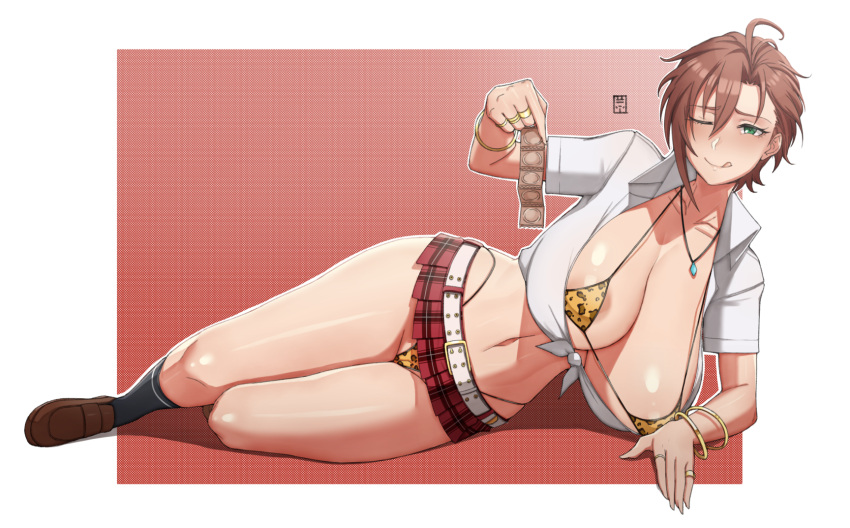 1girl animal_print areola_slip areolae arm_support bangs belt bikini blush bracelet breasts brown_hair cleavage commentary_request condom condom_packet_strip condom_wrapper english_commentary green_eyes handplug highres holding holding_condom huge_breasts idolmaster idolmaster_cinderella_girls jewelry kiba_manami leopard_print looking_at_viewer lying microskirt mixed-language_commentary necklace on_side one_eye_closed ring school_uniform shirt short_hair simple_background skirt smile solo swimsuit thong_bikini tied_shirt tongue tongue_out