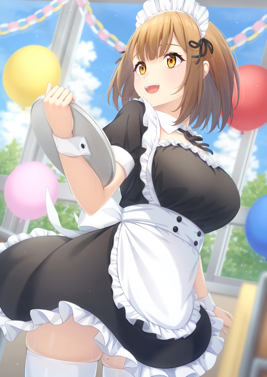 1girl absurdres apron black_dress breasts brown_eyes brown_hair dress frilled_apron frilled_dress frills highres holding holding_tray large_breasts maid maid_apron maid_headdress ochiai_miyabi original puffy_short_sleeves puffy_sleeves short_dress short_hair short_sleeves solo thighhighs tray waist_apron white_apron white_legwear wrist_cuffs