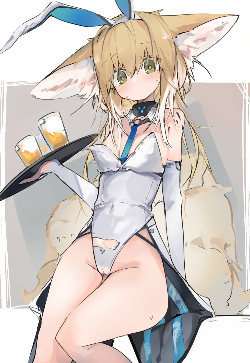 1girl animal_ears areola_slip areolae arknights arm_support black_collar blonde_hair blue_necktie blush breasts cameltoe collar detached_collar detached_sleeves extra_ears eyebrows_visible_through_hair fake_animal_ears feet_out_of_frame fox_ears fox_girl fox_tail green_eyes groin highres holding holding_tray indoors leotard looking_at_viewer mikojin multiple_tails necktie oversized_breast_cup rabbit_ears short_hair small_breasts solo suzuran_(arknights) sweat symbol-only_commentary tail tray white_collar white_leotard white_sleeves
