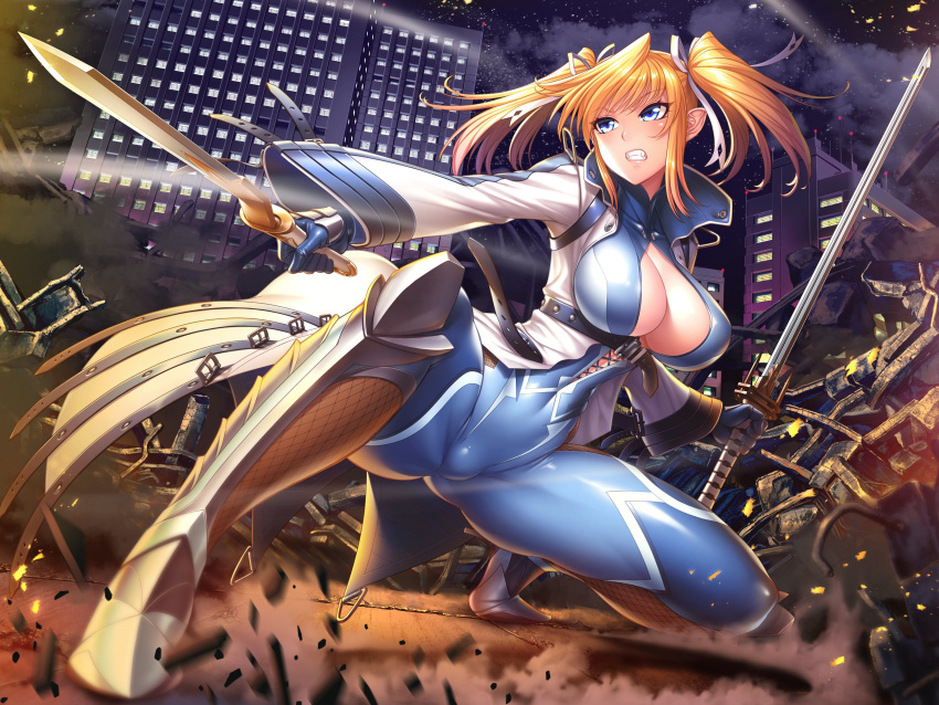 1girl absurdres action_taimanin armor armored_boots ass ass_visible_through_thighs bangs belt blonde_hair blue_eyes bodysuit boots breasts cameltoe city cleavage clenched_teeth closed_mouth coat curvy dual_wielding eyebrows eyebrows_visible_through_hair eyes_visible_through_hair fang fighting_stance fishnets full_body gloves hair_between_eyes hair_ribbon high_collar high_heels highres holding holding_sword holding_weapon large_breasts legs_apart long_hair long_sleeves looking_to_the_side night night_sky no_bra official_art open_clothes reverse_grip ribbon serious shinganji_kurenai shiny shiny_clothes shiny_hair shiny_skin short_twintails skin_tight sky solo sword taimanin_(series) taimanin_kurenai taimanin_suit teeth thighhighs thighs trench_coat turtleneck twintails weapon white_ribbon zol