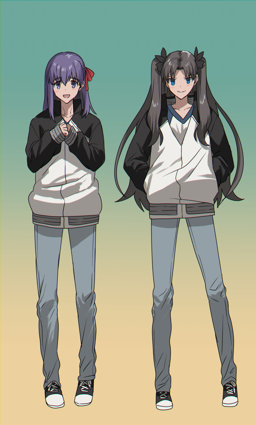 2girls absurdres alternate_costume bangs black_bow black_hair blue_eyes blue_pants blush bow closed_mouth collarbone cosplay denim emiya_shirou emiya_shirou_(cosplay) eyebrows_visible_through_hair fate/stay_night fate_(series) full_body gradient gradient_background hair_between_eyes hair_bow hair_ribbon hand_in_pocket highres jacket jeans long_hair long_sleeves looking_at_viewer matou_sakura multiple_girls none_(kameko227) open_mouth pants parted_bangs pocket purple_eyes purple_hair raglan_sleeves red_ribbon ribbon shirt siblings sisters sleeves_past_wrists smile tohsaka_rin two-tone_background two_side_up very_long_hair