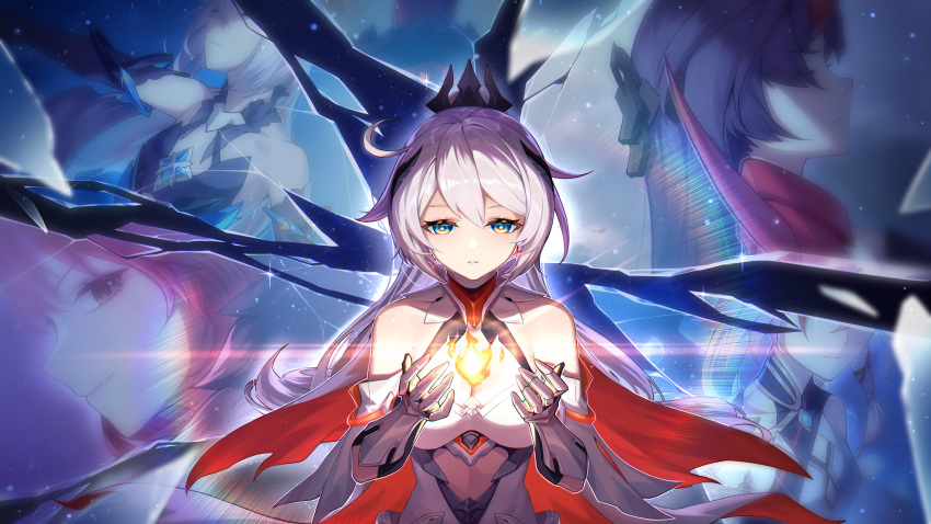 5girls bangs bare_shoulders blue_eyes breasts bronya_zaychik bronya_zaychik_(herrscher_of_reason) cape cleavage closed_eyes closed_mouth commentary_request crack dress eyebrows_behind_hair fu_hua fu_hua_(phoenix) garter_straps hair_between_eyes hands_up highres honkai_(series) honkai_impact_3rd kiana_kaslana kiana_kaslana_(herrscher_of_flamescion) long_hair medium_breasts mo_ying_yu multiple_girls murata_himeko murata_himeko_(vermillion_knight) parted_lips ponytail purple_hair raiden_mei raiden_mei_(herrscher_of_thunder) red_cape red_eyes red_hair silver_hair solo_focus two-tone_cape upper_body white_cape white_dress