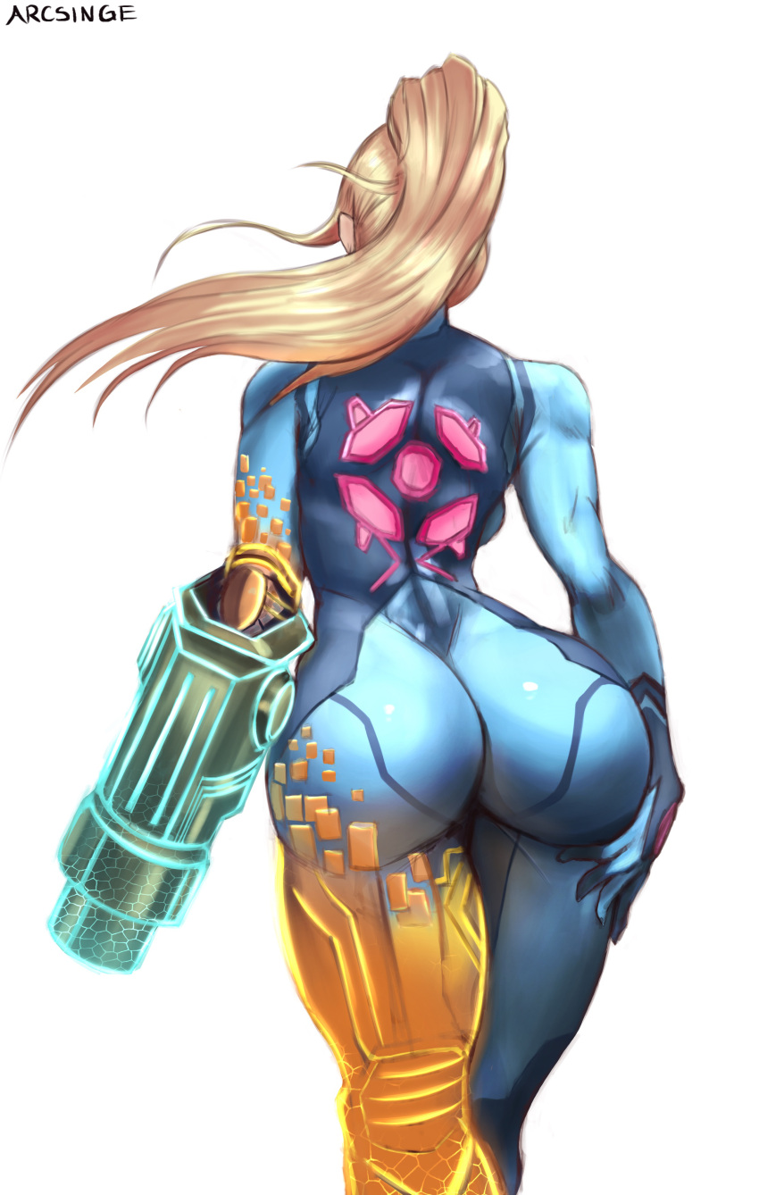 1girl absurdres arcsinge ass back backboob blonde_hair bodysuit breasts facing_away from_behind highres huge_ass metroid metroid_dread ponytail samus_aran simple_background skin_tight solo transforming_clothes white_background zero_suit