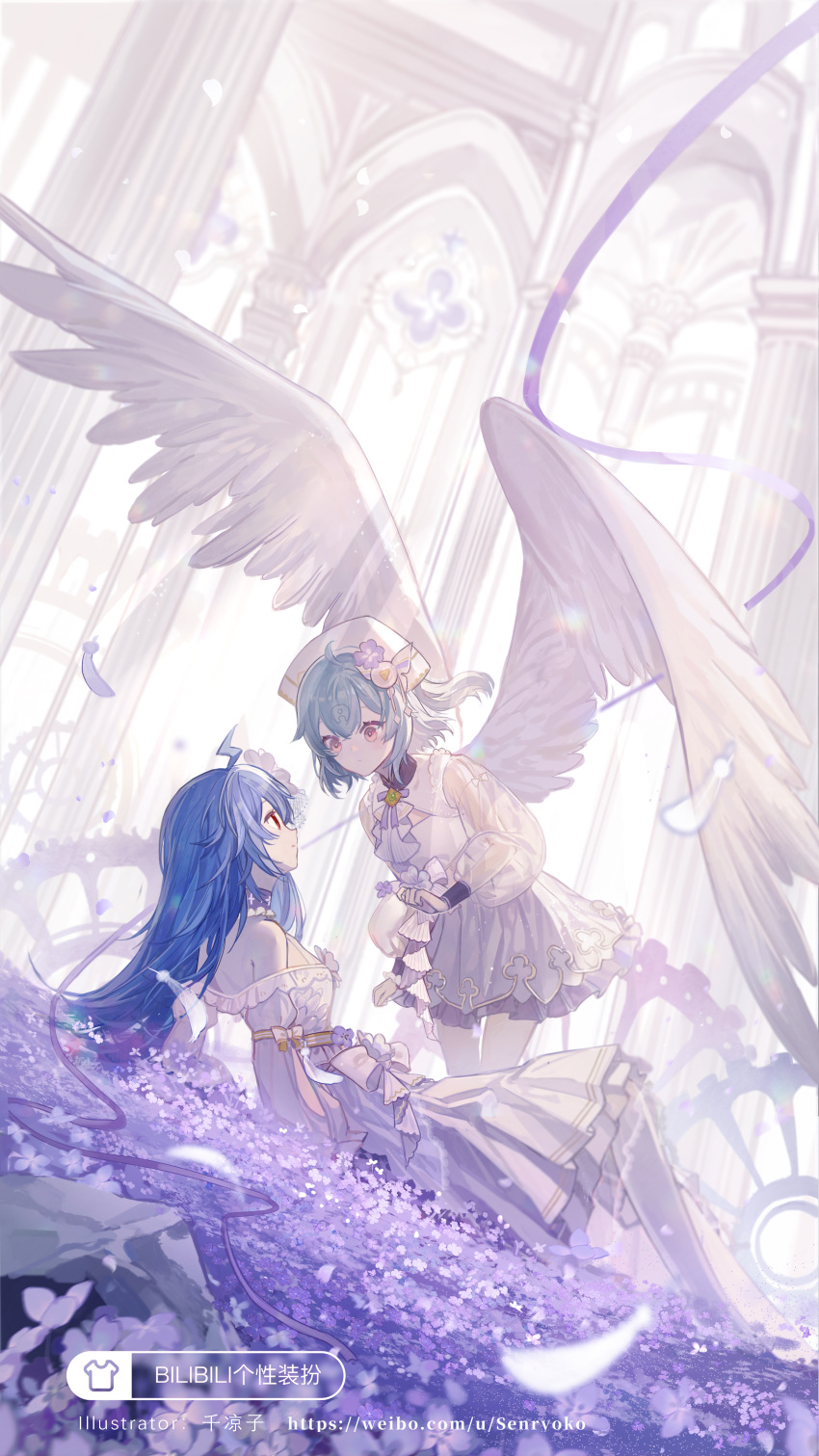 2girls absurdres ahoge angel_wings arm_at_side arms_at_sides artist_name ascot bare_shoulders bili_girl_22 bili_girl_33 bilibili_douga blue_hair blush bow breasts chinese_commentary choker cleavage_cutout closed_mouth clothing_cutout commentary_request dress feathers feet_out_of_frame flower flower_bed flying frilled_dress frills hair_flower hair_ornament hand_up headdress highres lace_trim light_blue_hair long_hair looking_at_another lying medium_breasts medium_hair multiple_girls on_back petals pink_eyes purple_flower purple_ribbon red_eyes ribbon see-through_sleeves senryoko small_breasts waist_bow web_address white_ascot white_dress wings yellow_bow