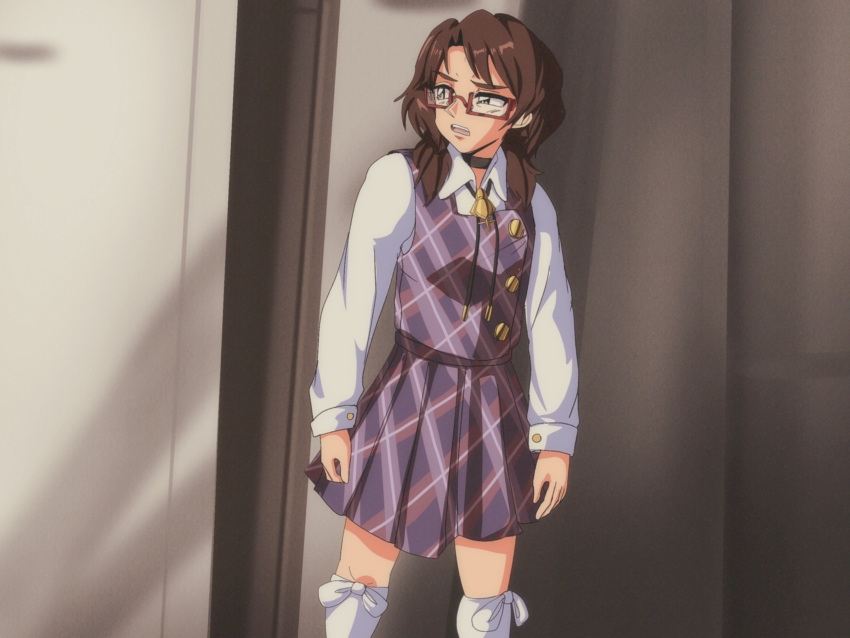 1990s_(style) 1girl annoyed brown_hair gachimuchi glasses highres indoors leatherclub_scene locker long_sleeves meme no_hat no_headwear plaid plaid_skirt plaid_vest purple_skirt purple_vest quimbaya_airplane retro_artstyle school_uniform short_twintails skirt step_arts touhou twintails usami_sumireko van_darkholme vest