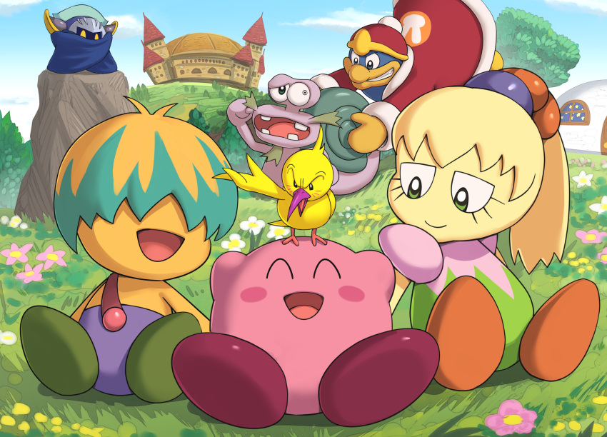 1girl 1other 5boys anniversary blue_sky boulder bun_(kirby) castle_dedede closed_eyes escargon flower fumu_(kirby) gonzarez grass highres hill king_dedede kirby kirby's_house kirby:_right_back_at_ya kirby_(series) looking_at_another meta_knight multiple_boys outdoors ponytail sky smile tokkori_(kirby) tree