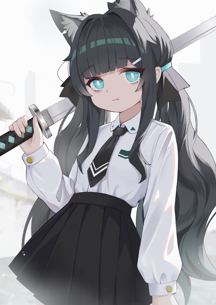 1girl absurdres animal_ear_fluff animal_ears bangs black_hair black_necktie black_skirt blue_eyes cat_ears closed_mouth collared_shirt commentary commentary_request dress_shirt english_commentary eyebrows_visible_through_hair hair_ornament hairclip hand_up highres holding holding_sword holding_weapon katana long_hair long_sleeves looking_at_viewer low_twintails necktie original pleated_skirt qianqiu_wanxia shirt skirt solo sword twintails very_long_hair weapon white_shirt