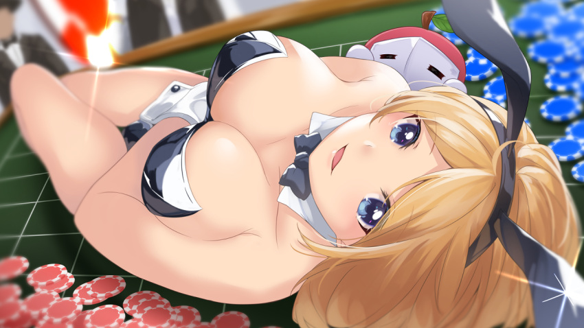 1girl aki_rosenthal animal_ears bare_legs black_bow black_bowtie black_leotard blonde_hair bob_cut bow bowtie breasts cleavage detached_collar enatsu fake_animal_ears hololive large_breasts leotard looking_at_viewer lying playboy_bunny poker_chip purple_eyes rabbit_ears rabbit_tail short_hair solo strapless strapless_leotard tail virtual_youtuber wrist_cuffs