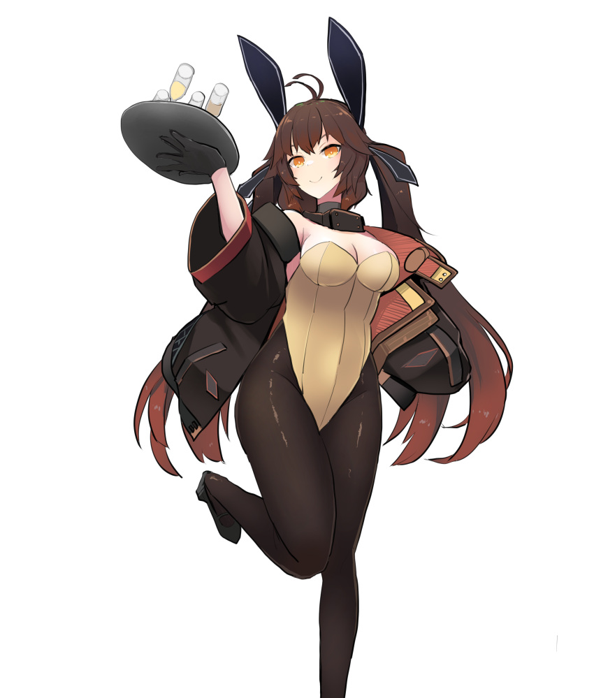 1girl absurdres animal_ears black_footwear black_gloves black_jacket black_legwear breasts cleavage closed_mouth cup drinking_glass fake_animal_ears from_below full_body girls'_frontline glass gloves hand_on_hip highres holding holding_tray jacket looking_at_viewer m14_(girls'_frontline) medium_breasts open_clothes open_jacket pantyhose playboy_bunny rabbit_ears smile solo standing standing_on_one_leg tray white_background wine_glass yanagui yellow_corset