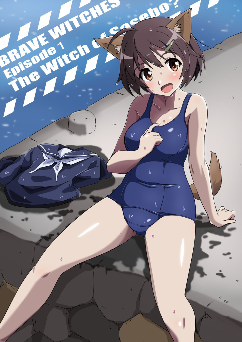 1girl ahoge animal_ears black_sailor_collar blue_swimsuit brave_witches breasts brown_eyes brown_hair clothes_removed copyright_name dog_ears dog_tail feet_out_of_frame hair_ornament hairclip highres karibuchi_hikari large_breasts neckerchief open_mouth sailor_collar sailor_shirt school_swimsuit shirt short_hair sitting smile solo swimsuit tail tricky_46 wet wet_clothes white_neckerchief world_witches_series