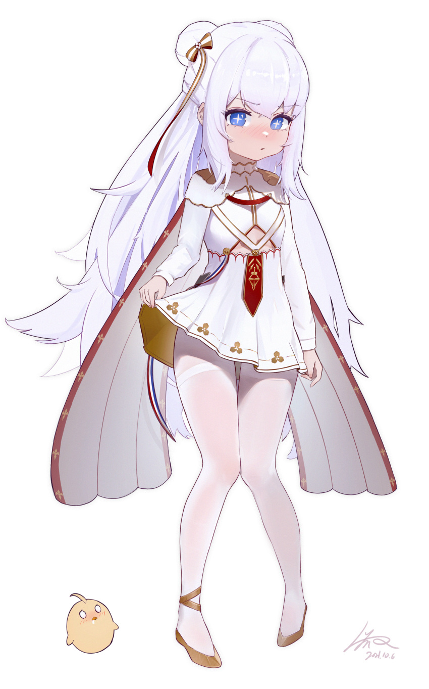 +_+ 1girl absurdres azur_lane bangs blue_eyes blush breasts cape clothes_lift clothing_cutout dated double_bun eyebrows_visible_through_hair gold_footwear hair_ribbon highres knees_together_feet_apart le_malin_(azur_lane) lifted_by_self long_hair looking_at_viewer luma_li manjuu_(azur_lane) nose_blush pantyhose ribbon signature silver_hair simple_background skirt skirt_lift small_breasts standing striped striped_ribbon underboob_cutout very_long_hair wavy_hair white_background