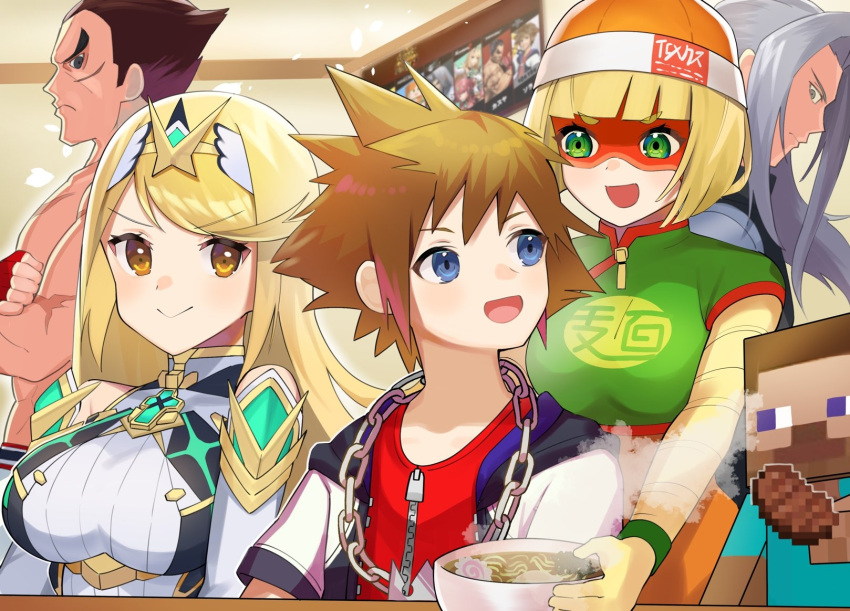 2girls 4boys alex_(minecraft) arms_(game) beanie blonde_hair blue_eyes bowl brown_eyes chest_jewel crossed_arms final_fantasy final_fantasy_vii food hat highres katwo kingdom_hearts kingdom_hearts_i min_min_(arms) minecraft mishima_kazuya multiple_boys multiple_girls mythra_(massive_melee)_(xenoblade) mythra_(xenoblade) noodles pyra_(xenoblade) ramen sephiroth smile sora_(kingdom_hearts) spiked_hair steve_(minecraft) super_smash_bros. tekken tiara topless_male xenoblade_chronicles_(series) xenoblade_chronicles_2