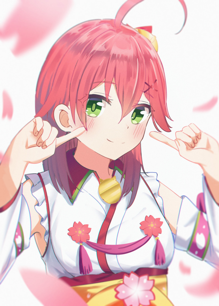 1girl absurdres ahoge blush detached_sleeves dunggeul_dunggeul eyebrows_visible_through_hair eyes_visible_through_hair green_eyes hair_between_eyes hair_ornament hairclip highres hololive looking_at_viewer parted_lips petals pink_hair pointing pointing_at_self sakura_miko solo virtual_youtuber x_hair_ornament