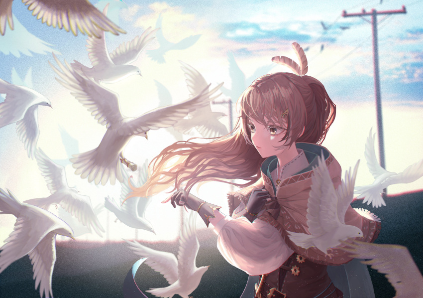 1girl absurdres backlighting bangs belt_buckle bird blu brown_cloak brown_eyes brown_gloves brown_hair buckle cape cloak commentary dove english_commentary feather_hair_ornament feathers gloves grabbing green_cape hair_ornament highres hololive hololive_english long_hair nanashi_mumei paper_roll partially_fingerless_gloves power_lines solo utility_pole virtual_youtuber white_bird