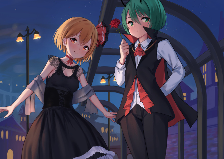 2girls alternate_costume antennae arm_behind_back ascot bangs black_dress black_pants blonde_hair blush breasts cape commentary_request dress eyebrows_visible_through_hair flower green_eyes green_hair hair_between_eyes hair_ribbon holding holding_flower lamppost long_sleeves looking_at_viewer multiple_girls neck_ribbon night outdoors pants red_ascot red_eyes red_flower red_ribbon red_rose ribbon roke_(taikodon) rose rumia shirt short_hair sky small_breasts smile star_(sky) starry_sky touhou tuxedo white_shirt wriggle_nightbug