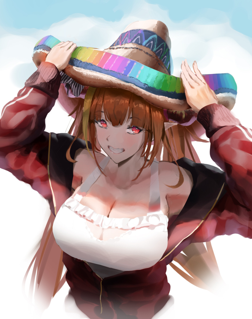 1girl absurdres arms_up bangs blonde_hair bow breasts cleavage commentary_request dragon_girl dragon_horns eyebrows_visible_through_hair frilled_shirt frills grin hands_on_headwear hat highres hololive horn_bow horn_ornament horns jacket kiryu_coco large_breasts long_hair long_sleeves looking_at_viewer multicolored_clothes multicolored_hair multicolored_headwear orange_hair partially_unzipped pointy_ears rainbow_gradient red_eyes red_jacket shirt sleeveless sleeveless_shirt smile solo sombrero streaked_hair striped striped_bow upper_body virtual_youtuber wanne white_shirt