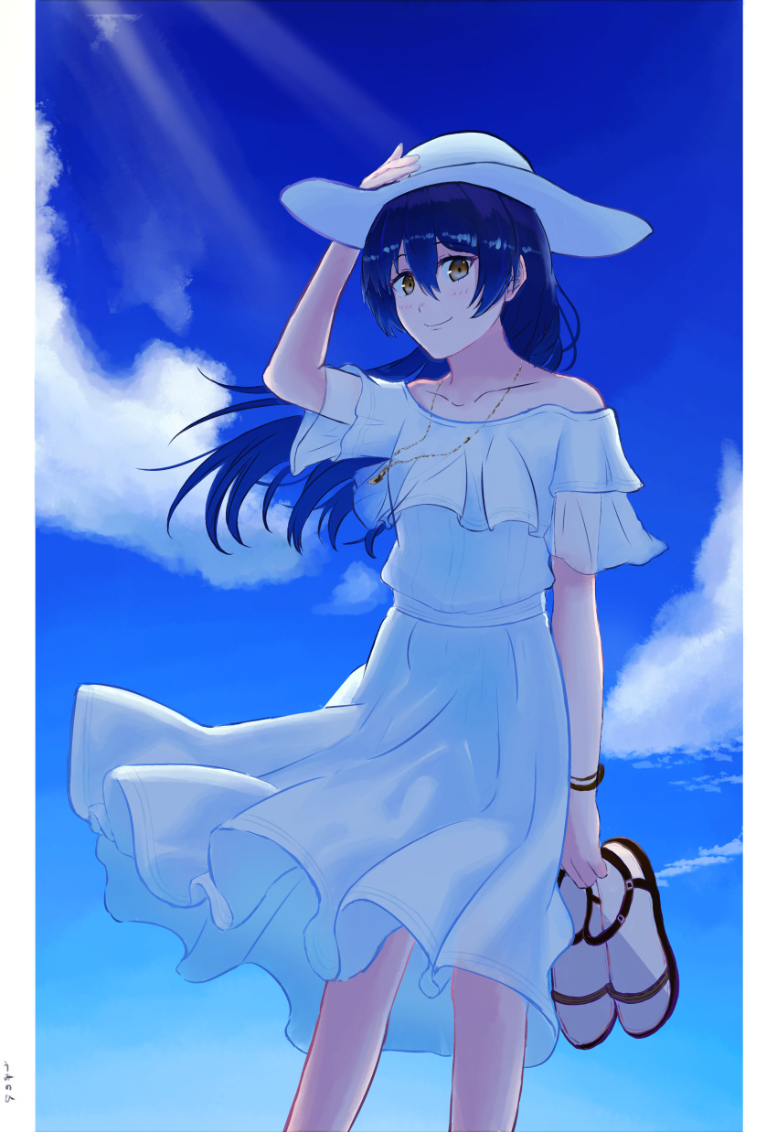 1girl absurdres bangs bare_shoulders blue_hair cloud cowboy_shot dress hair_between_eyes hand_on_headwear hat highres holding holding_clothes holding_footwear jewelry long_hair looking_at_viewer love_live! love_live!_school_idol_project necklace sandals sandals_removed shoes shoes_removed sky smile solo sonoda_umi sun_hat sundress swept_bangs white_dress yellow_eyes