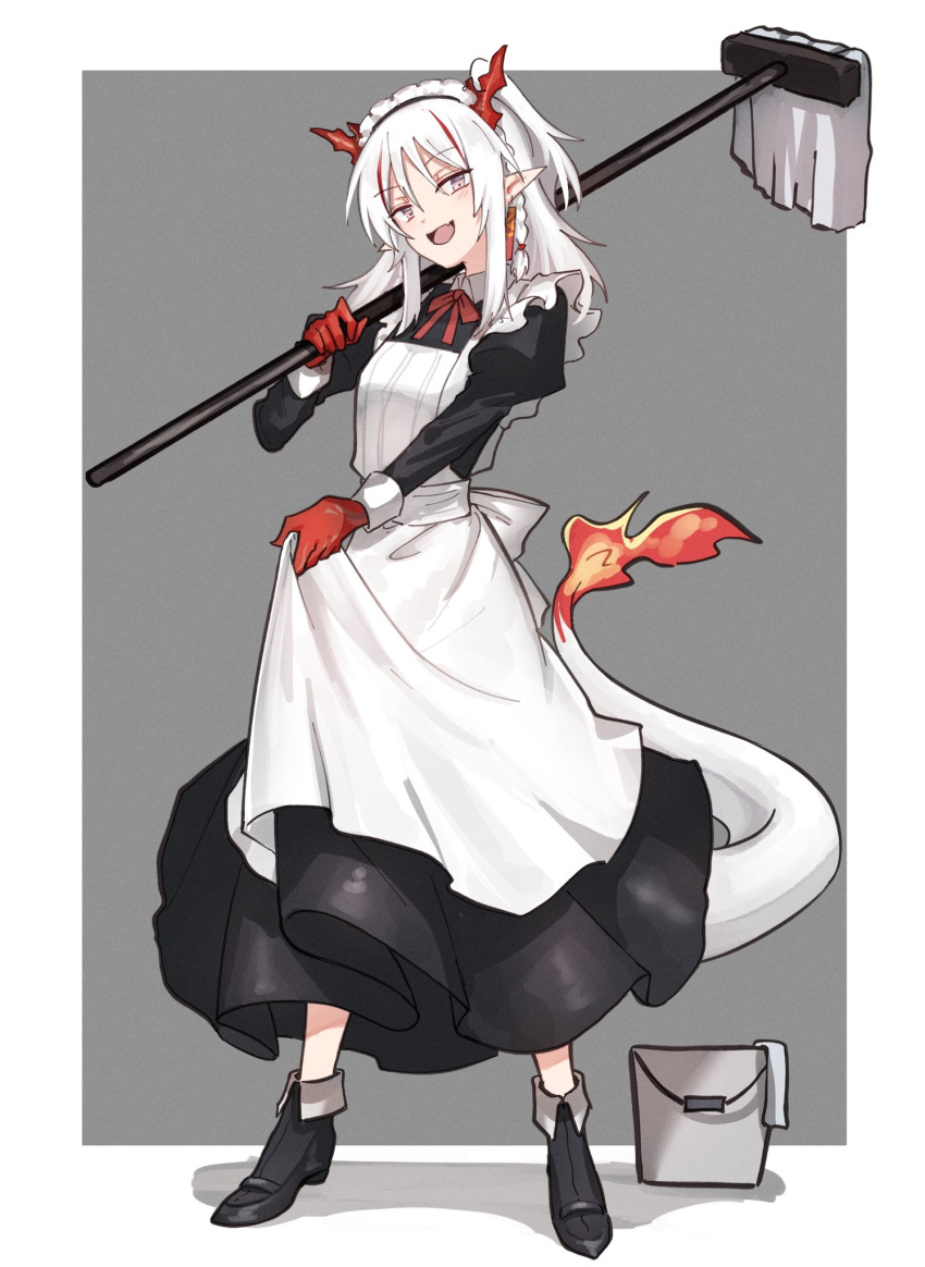 1girl alternate_costume apron arknights arm_tattoo black_dress braid bucket chinese_commentary colored_skin commentary dragon_girl dragon_horns dragon_tail dress ear_piercing enmaided eyebrows_visible_through_hair fang full_body grey_background highres holding holding_mop horns lifted_by_self long_hair long_sleeves looking_at_viewer mabing maid maid_headdress mop multicolored_hair nian_(arknights) outside_border over_shoulder piercing pink_eyes red_hair red_skin simple_background single_braid skin_fang solo standing streaked_hair tail tail-tip_fire tattoo white_apron white_background white_hair white_headdress