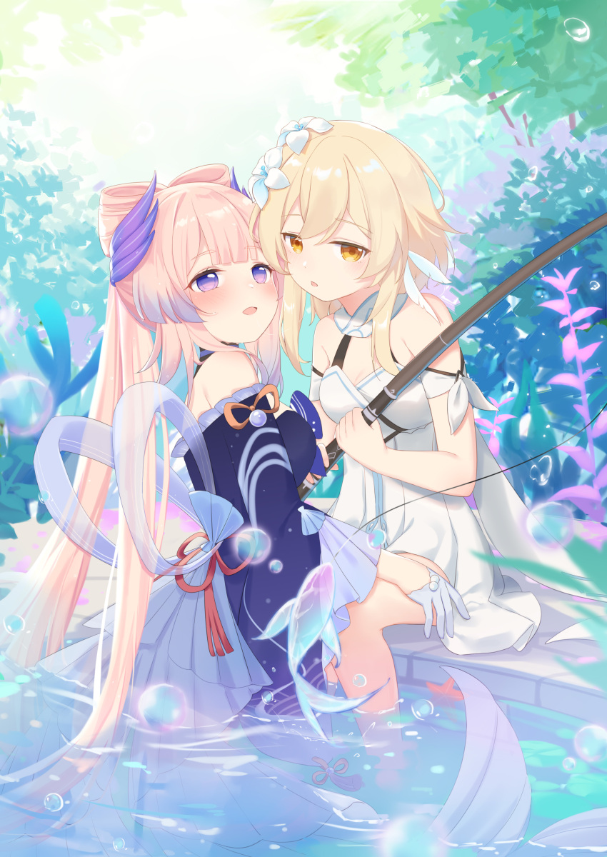 2girls :d absurdres back_bow bangs bare_shoulders blue_dress blue_eyes blue_gloves blue_hair blush bow breasts bubble chinese_commentary commentary_request dress feather_hair_ornament feathers fish fishing_rod flower fufumi genshin_impact gloves gradient_hair hair_flower hair_ornament half_gloves high_ponytail highres holding holding_fishing_rod long_hair lumine_(genshin_impact) mermaid monster_girl multicolored_hair multiple_girls open_mouth pink_hair sangonomiya_kokomi scarf shell short_hair_with_long_locks smile tree very_long_hair water white_dress white_flower white_scarf yellow_eyes yuri