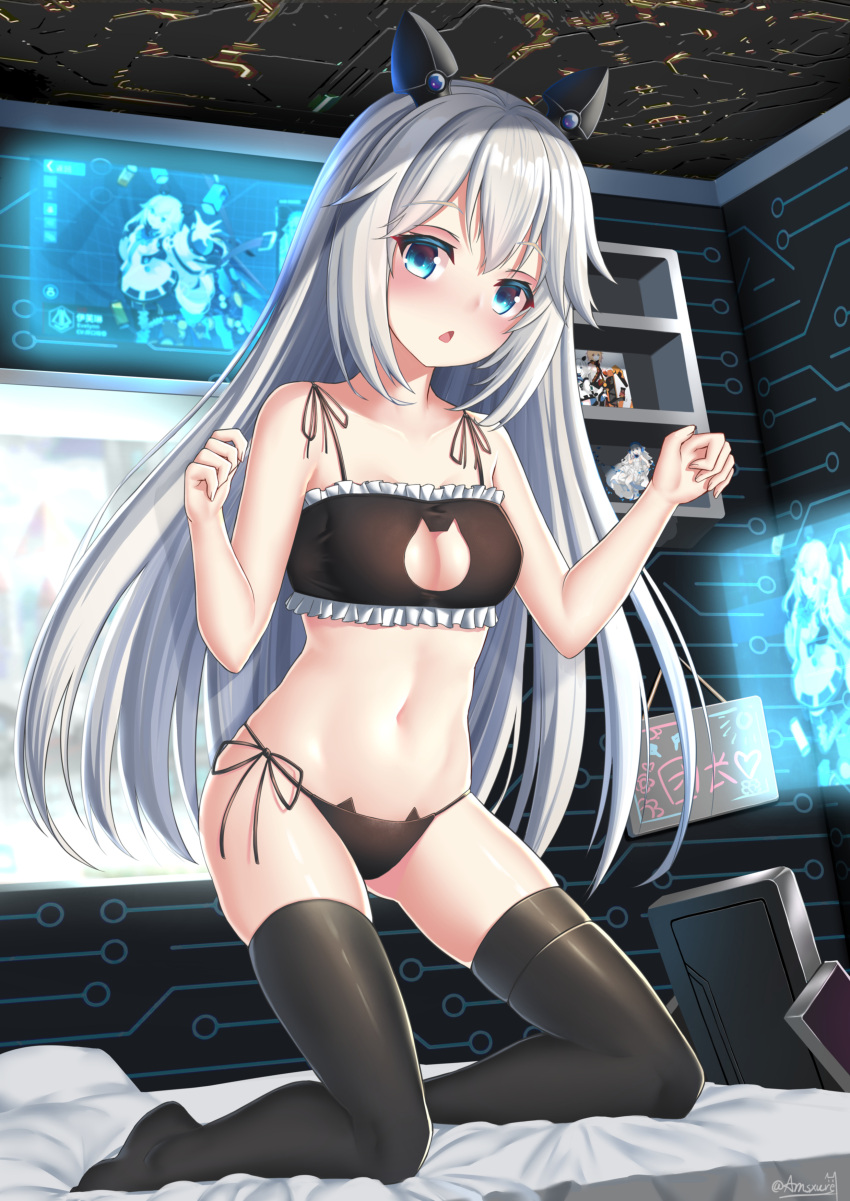 1girl absurdres amsxure bed black_legwear blue_eyes blush breasts cat_lingerie cleavage collarbone evelyn_(final_gear) final_gear hair_ornament highres kneeling looking_at_viewer medium_breasts meme_attire panties revealing_clothes silver_hair solo thighhighs underwear