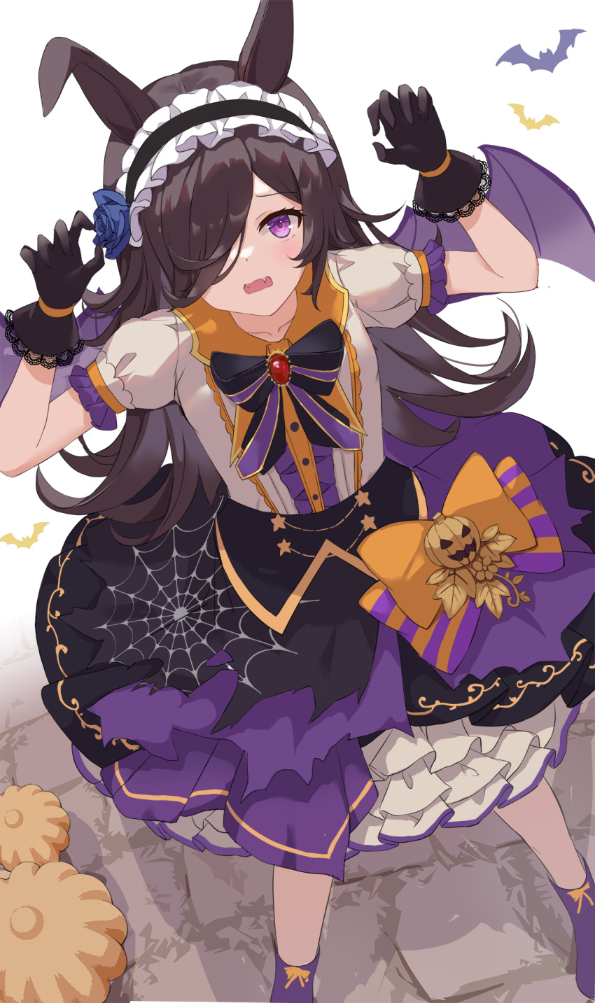 1girl animal_ears arms_up bangs bat_wings black_bow black_gloves blue_flower blue_rose blush bow brown_hair claw_pose commentary_request eyebrows_visible_through_hair fangs feet_out_of_frame flower frilled_hairband frilled_skirt frills from_above gloves hair_flower hair_ornament hair_over_one_eye hairband highres horse_ears horse_girl lace-trimmed_gloves lace_trim long_hair looking_at_viewer make_up_in_halloween!_(umamusume) md5_mismatch official_alternate_costume open_mouth purple_eyes purple_skirt rice_shower_(umamusume) rose serika shirt short_sleeves skirt solo standing umamusume white_shirt wings