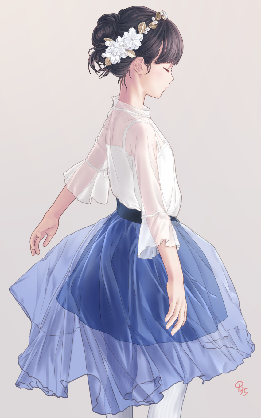 1girl absurdres aoi_kumiko black_hair blue_skirt camisole closed_eyes flower from_side grey_background hair_bun hair_flower hair_ornament highres long_hair original pantyhose see-through shirt simple_background skirt solo white_camisole white_legwear white_shirt