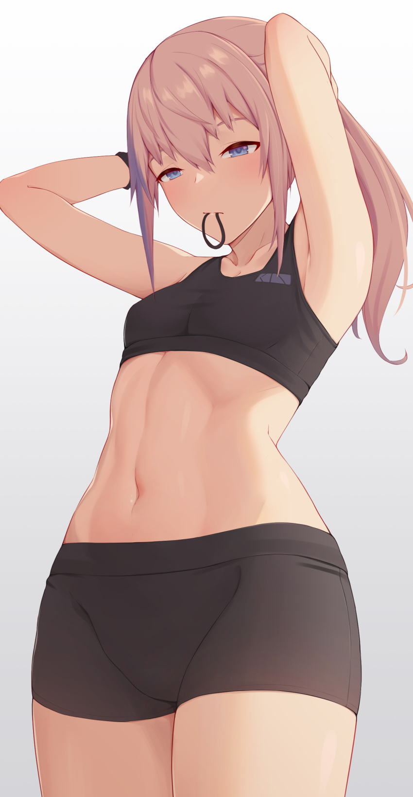 1girl absurdres act_(xadachit) armpits arms_up bike_shorts black_shorts blue_eyes blush breasts cowboy_shot girls'_frontline hair_tie highres long_hair looking_down mouth_hold navel pink_hair ponytail shorts simple_background small_breasts solo sports_bra st_ar-15_(girls'_frontline) stomach sweatband tying_hair white_background