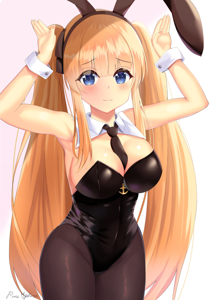 1girl absurdres ardent_(azur_lane) ardent_(master_ardent?)_(azur_lane) armpits arms_up azur_lane between_breasts blonde_hair blue_eyes blush breasts bunny_pose cleavage headband highres large_breasts long_hair looking_at_viewer official_alternate_costume pinesphere playboy_bunny simple_background smile solo twintails white_background