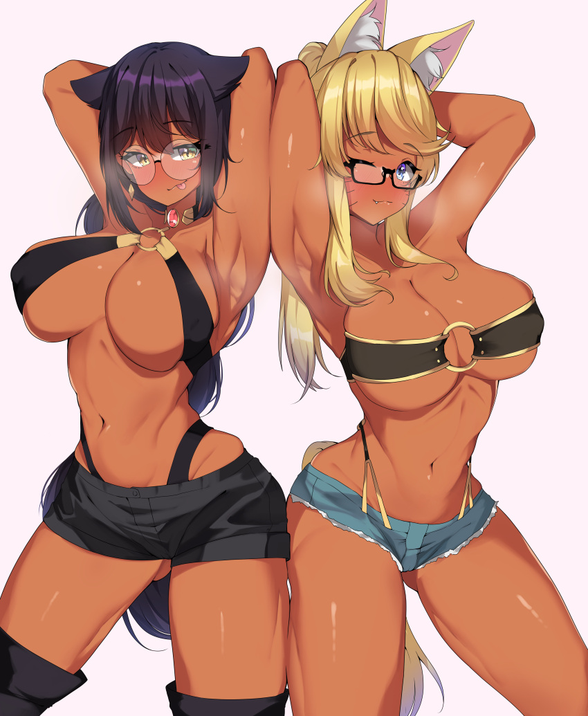 2girls :3 absurdres animal_ears antyobi0720 armpits arms_behind_head arms_up ass_visible_through_thighs bandeau bangs black-framed_eyewear black_footwear black_hair black_shorts blonde_hair blue_eyes blue_shorts blush boots braid breasts brown_eyes cleavage closed_mouth collarbone commission commissioner_upload dark-skinned_female dark_skin denim denim_shorts diamond_earrings earrings eyebrows_visible_through_hair facial_mark fang fang_out glasses hair_flaps halter_top halterneck highres jahy jahy-sama_wa_kujikenai! jewelry large_breasts liru long_hair looking_at_viewer multiple_girls navel o-ring o-ring_top one_eye_closed ponytail rectangular_eyewear renkin_san-kyuu_magical_pokaan round_eyewear semi-rimless_eyewear shiny shiny_skin short_shorts shorts single_braid skeb_commission smile swept_bangs tail thigh_boots thighhighs thong tongue tongue_out under-rim_eyewear wolf_ears wolf_girl wolf_tail