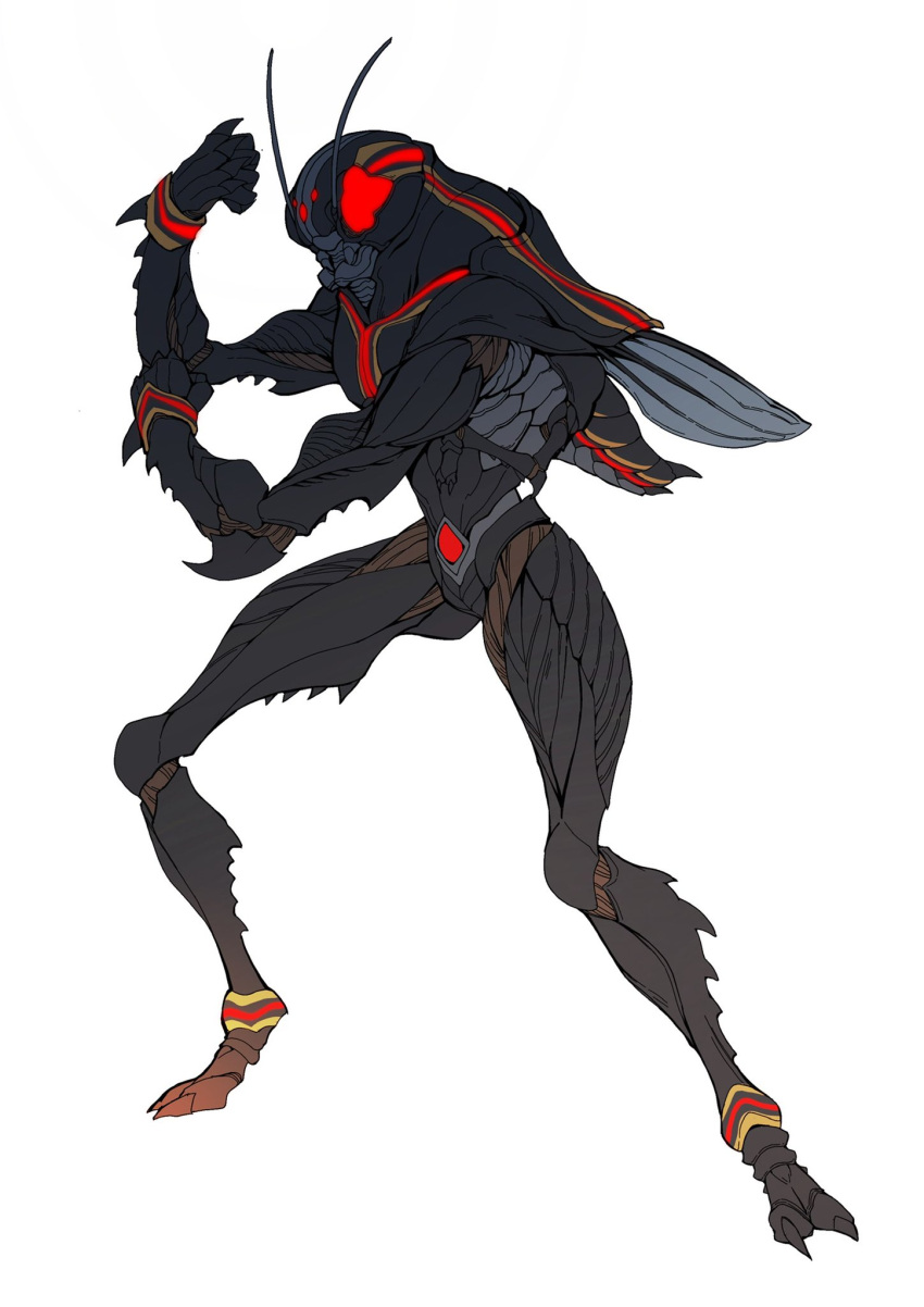 1boy antennae arthropod_boy arthropod_legs bug catball1994 full_body henshin_pose highres instrument kamen_rider kamen_rider_black kamen_rider_black_(series) kingstone monster monsterification organic pose rider_belt wings