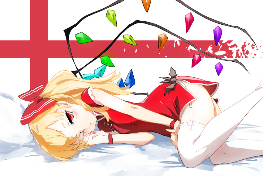 1girl adapted_costume alternate_hairstyle bed blonde_hair blush bow breasts cross crystal dress flandre_scarlet frills garter_straps hair_bow hand_on_own_thigh highres jitome long_hair looking_at_viewer lying nail_polish on_side one_eye_closed ponytail red_dress red_eyes red_nails ribbon short_dress short_sleeves side_slit sinzan small_breasts solo tears thighhighs touhou white_legwear wide_hips wings zettai_ryouiki