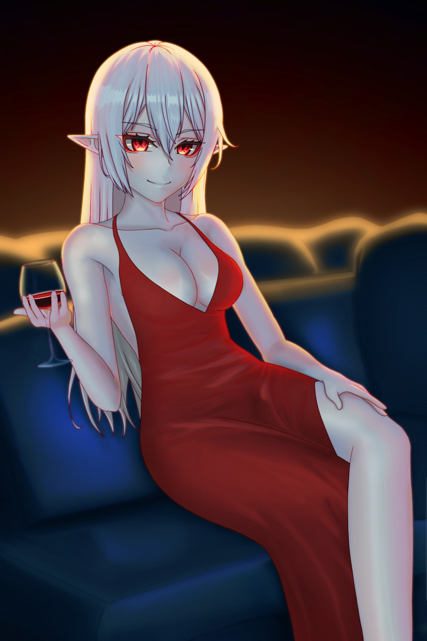 1girl absurd_fox absurdres alcohol alternate_costume arknights bangs bare_arms bare_shoulders blush breasts cleavage closed_mouth collarbone couch crossed_legs cup dress drink drinking_glass evening_gown eyebrows_visible_through_hair gradient gradient_background highres holding holding_cup long_hair looking_at_viewer medium_breasts on_couch pale_skin pelvic_curtain pointy_ears red_background red_dress red_eyes silver_hair sitting sleeveless sleeveless_dress smile solo very_long_hair warfarin_(arknights) wine wine_glass