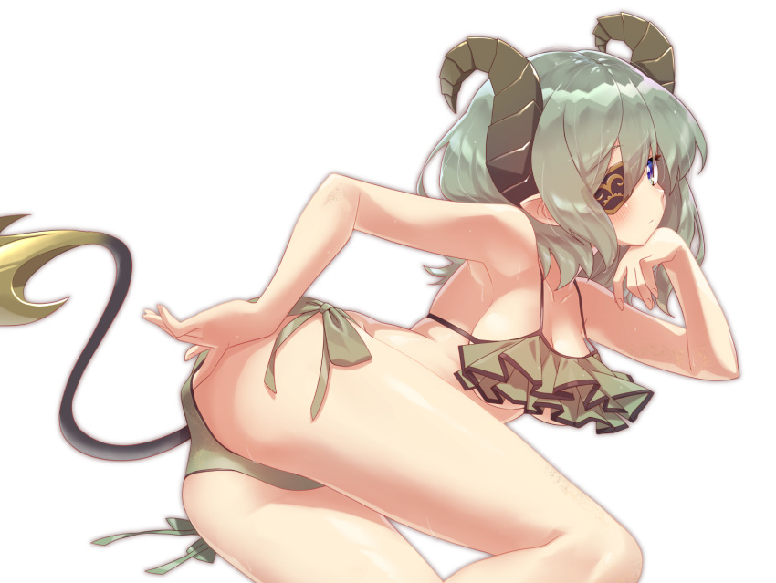 1girl adjusting_clothes adjusting_swimsuit ass bangs bare_arms bare_shoulders bikini blue_eyes blush breasts brown_bikini cleavage closed_mouth collarbone commentary_request demon_girl demon_horns demon_tail eyebrows_visible_through_hair eyepatch feet_out_of_frame frilled_bikini frills green_hair hair_between_eyes honey_strap horns lying medium_breasts mizunashi_(second_run) on_side sekishiro_mico side-tie_bikini simple_background solo swimsuit tail virtual_youtuber white_background