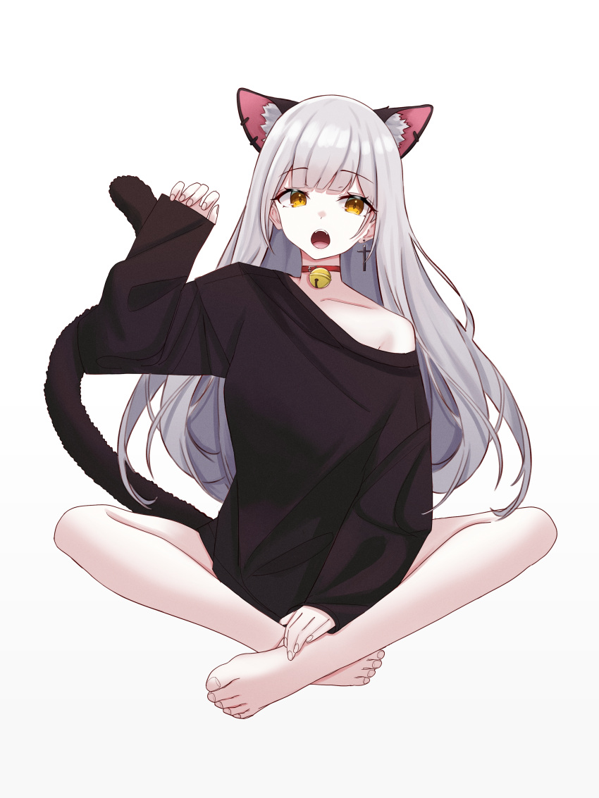 1girl absurdres animal_ears bangs bare_legs barefoot bell black_shirt blunt_bangs breasts cat_ears cat_girl cat_tail choker collarbone cross cross_earrings earrings extra_ears eyebrows_visible_through_hair fangs feet full_body grey_hair hand_on_own_foot hand_up hands_on_feet highres indian_style jewelry kano_(wi3028) long_hair long_sleeves looking_at_viewer loose_clothes loose_shirt naked_shirt neck_bell open_mouth original oversized_clothes oversized_shirt shirt shirt_slip simple_background sitting solo tail toes white_background yellow_eyes