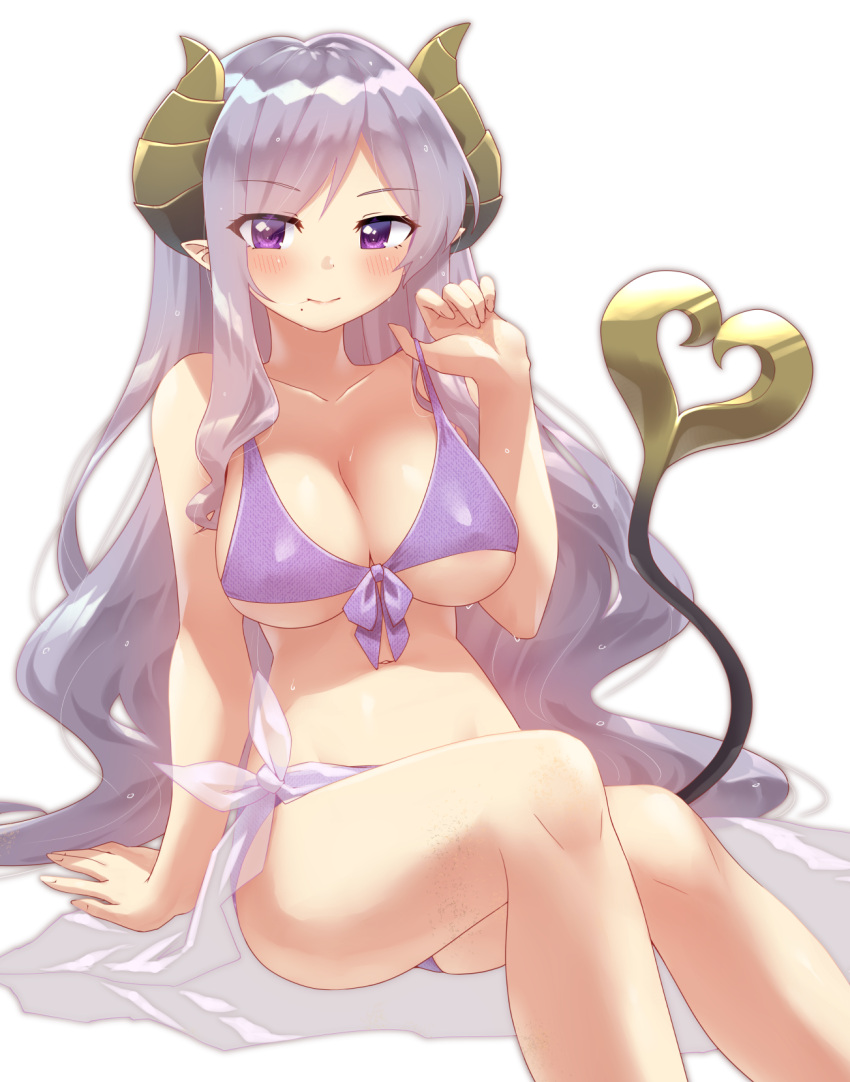 1girl arm_support bangs bare_arms bare_shoulders bikini blush breasts cleavage closed_mouth collarbone commentary_request demon_girl demon_horns demon_tail eyebrows_visible_through_hair feet_out_of_frame front-tie_bikini front-tie_top hand_up highres honey_strap horns knees_up large_breasts lifted_by_self mizunashi_(second_run) mole mole_under_mouth navel parted_bangs purple_bikini purple_eyes purple_hair saionji_mary sarong see-through simple_background sitting smile solo strap_lift swimsuit tail virtual_youtuber white_background