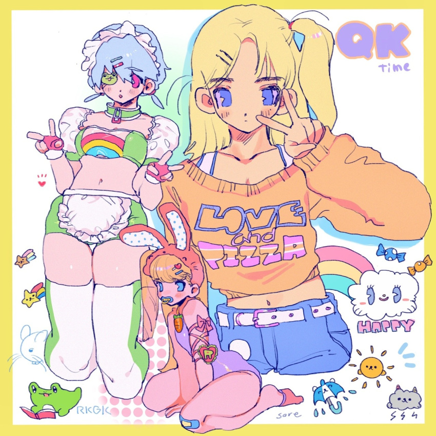 3girls animal_ears belt blonde_hair blue_eyes blue_hair blue_shorts blush cloud crop_top eyepatch fake_animal_ears fake_tail fingerless_gloves frog gloves hair_ornament hairclip hand_up highres leotard long_hair long_sleeves midriff multiple_girls navel orange_hair orange_shirt original pink_eyes pink_gloves print_shirt purple_leotard rabbit_ears rabbit_tail shirt short_hair shorts soreeyu_(sore-yu) tail v white_belt