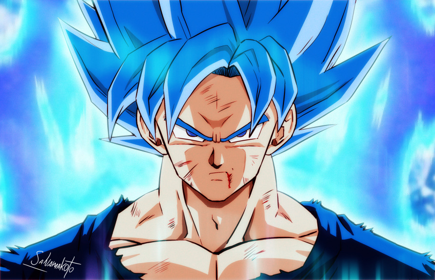 1990s_(style) 1boy battle_damage blood blood_on_face blue_eyes blue_hair commentary_request derivative_work dragon_ball dragon_ball_super dragon_ball_super_broly highres looking_at_viewer male_focus retro_artstyle salvamakoto screencap_redraw serious signature solo son_goku spanish_commentary spiked_hair super_saiyan super_saiyan_blue torn_clothes upper_body
